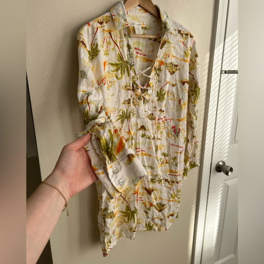 C&C California Linen Blend Lace Up Vacation Tropical Swim Cover Up Size S